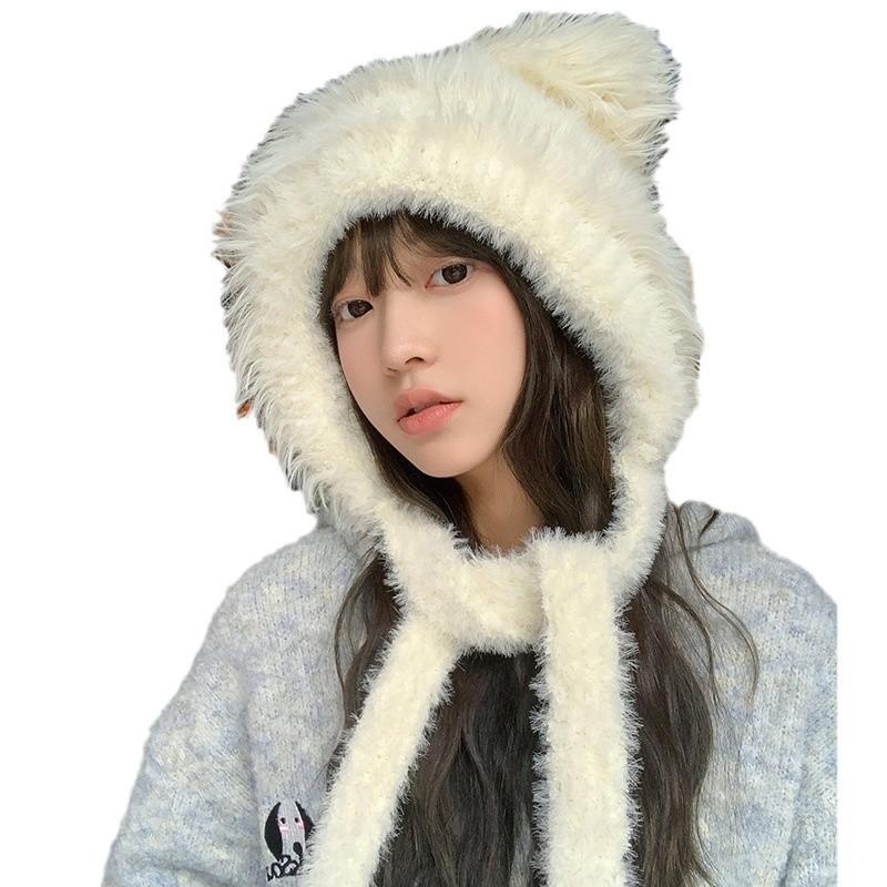 Зимняя мультяшная милая плюшевая шапка с медвежонком корейского выпуска, теплая шапка для девочек с изображением лица, маленькая шапка Баотоу с капюшоном