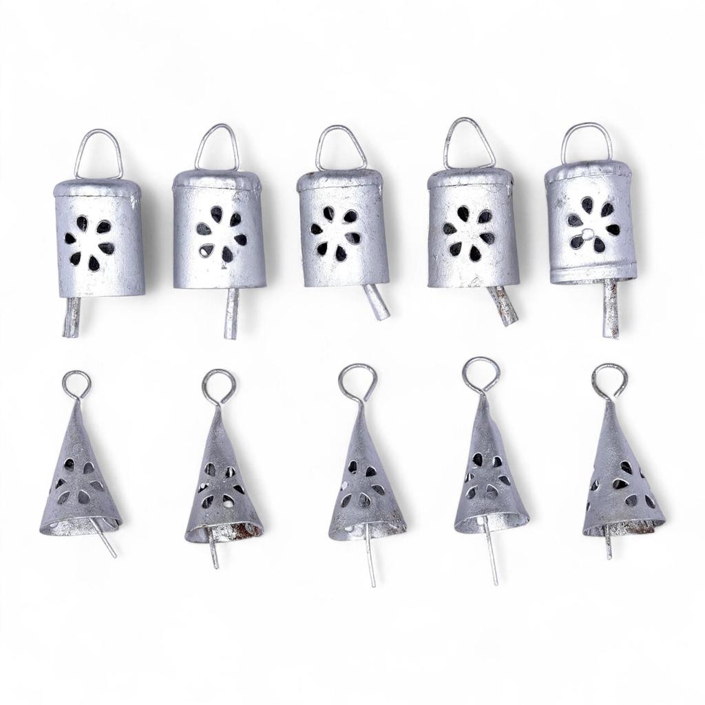 Set of 10 Handmade Vintage Silver Iron Bells for Farmhouse Christmas Decor, Boho Crafts, and Rustic Witch Bell Displays