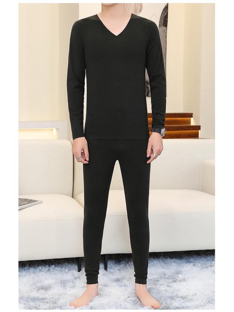 Мужской бесшовный комплект термобелья - Тонкая клетчатая ткань с V-образным вырезом на осень/зиму