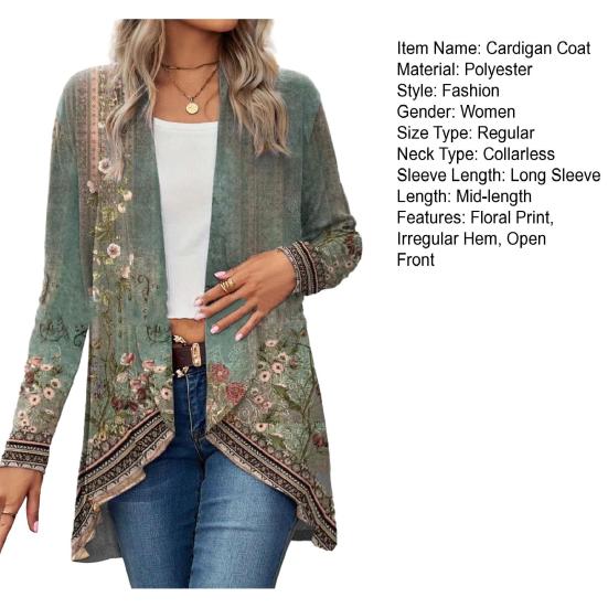 Женское весенне-осеннее пальто-кардиган с длинными рукавами без воротника, пальто средней длины с неровным подолом, верхняя одежда с открытым передом и цветочным принтом
