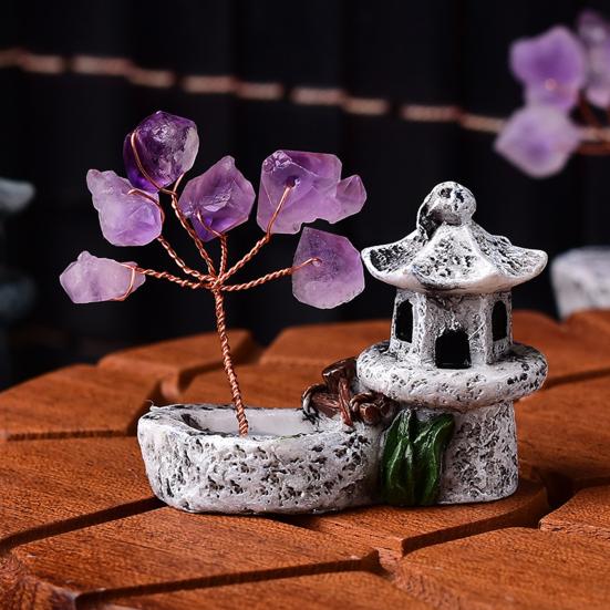 Crystal Money Tree Healing Crystal Ornament Amethyst Fengshui Tree with Tower Figurine for Home Desk Shelf Zen Decoration