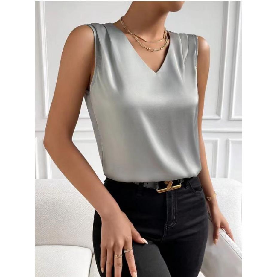 Women's Elegant Chic V-neck Vest for Summer Vacation Solid Color Versatile Sleeveless Shirt for Women Blouses & Shirts