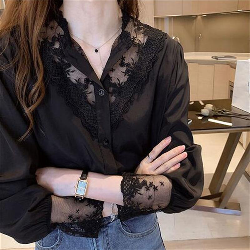 Кружевная базовая рубашка для женщин, весенне-осенняя мягкая блузка, удобный белый, черный топ, шифоновые лоскутные блузки