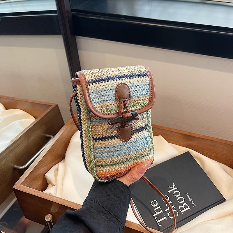 Seaside Holiday Woven Mobile Phone Bag Horn Button Crossbody Shoulder Bag Western Style Mobile Phone Bag