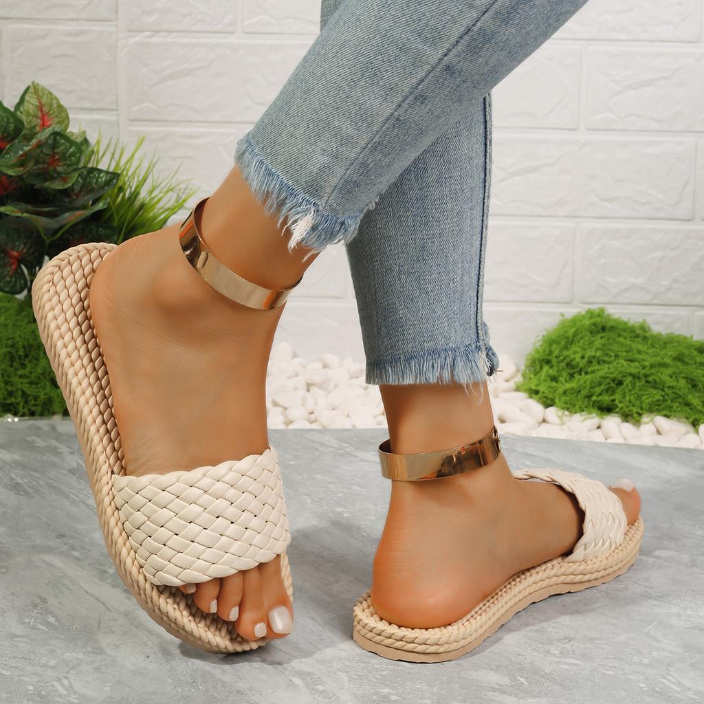 Модные плетеные летние тапочки для женщин больших размеров, однотонные плетеные сандалии на плоской подошве, женские легкие нескользящие пляжные шлепанцы