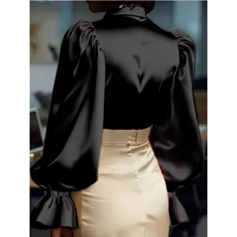 Новая элегантная женская блузка для通勤 с длинными рукавами-буфами, лацканами, из атласа, повседневная, свободная, офисная, новая, с лацканами, простая, модная, однотонная, топ