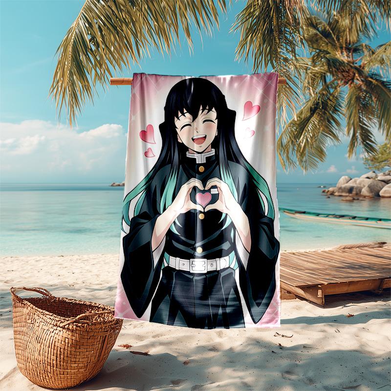 proof beach towel with Nezuko Demon Slayer Muichiro Tokito pattern - soft,absorbent,quick-drying,machine washable - perfect for swimming,camping,bathi