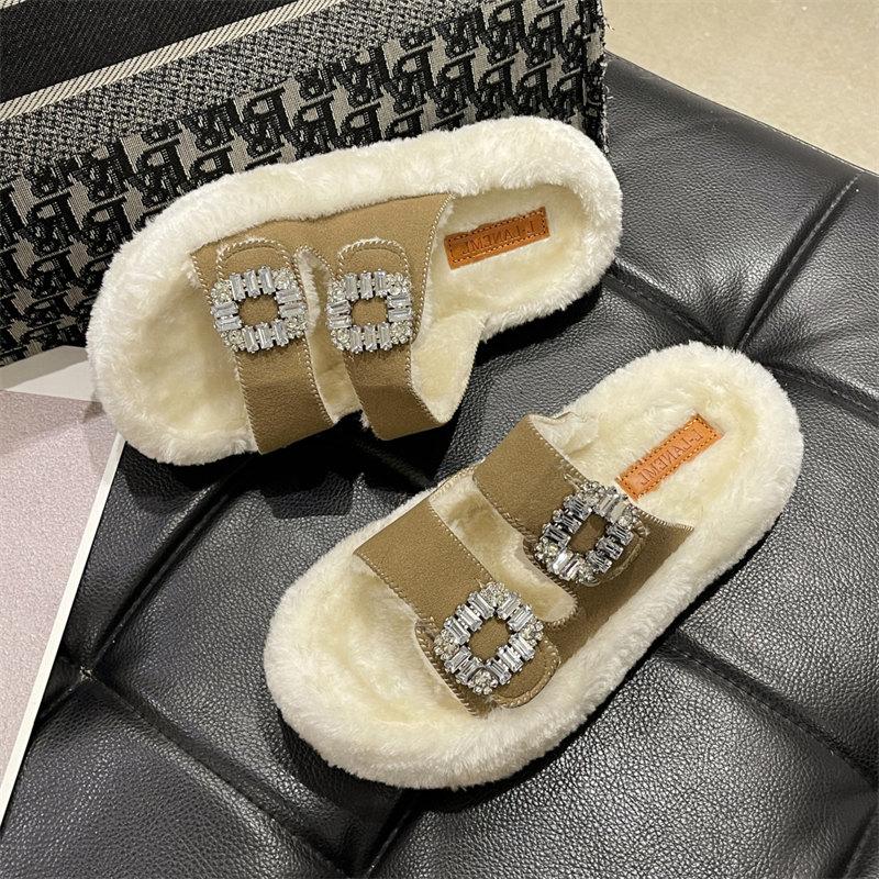 Модные пушистые тапочки для женщин, роскошные плюшевые шлепанцы с ромбовидным дизайном, женские модные домашние пушистые тапочки с открытым носком, сохраняющие тепло хлопковые туфли