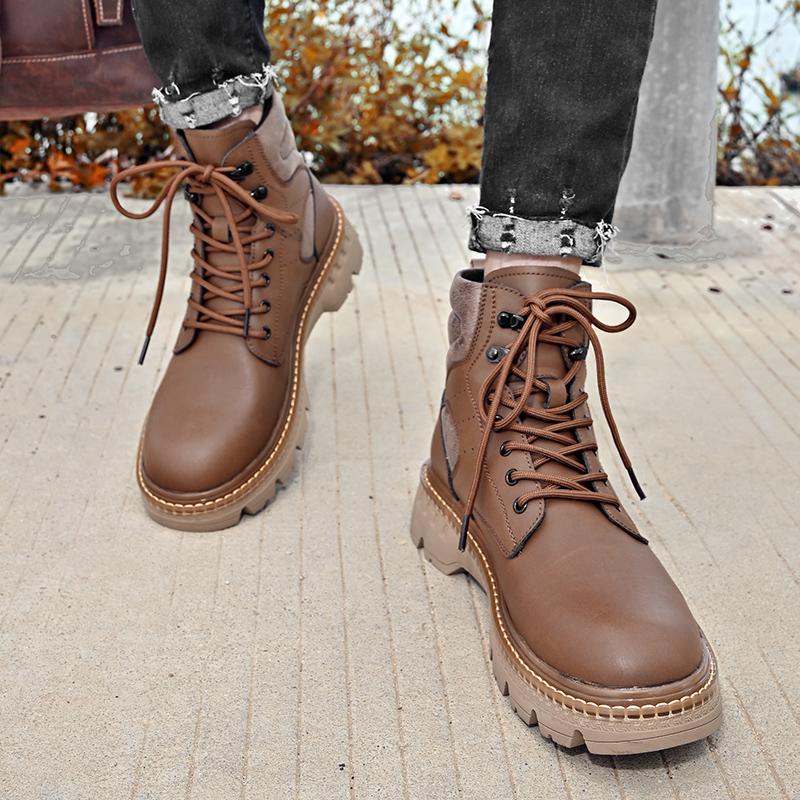 Мужские ботинки из кожи на шнуровке, осенние мужские ботинки на щиколотку, мужские нескользящие ботинки на платформе для активного отдыха, мотоциклетные ботинки