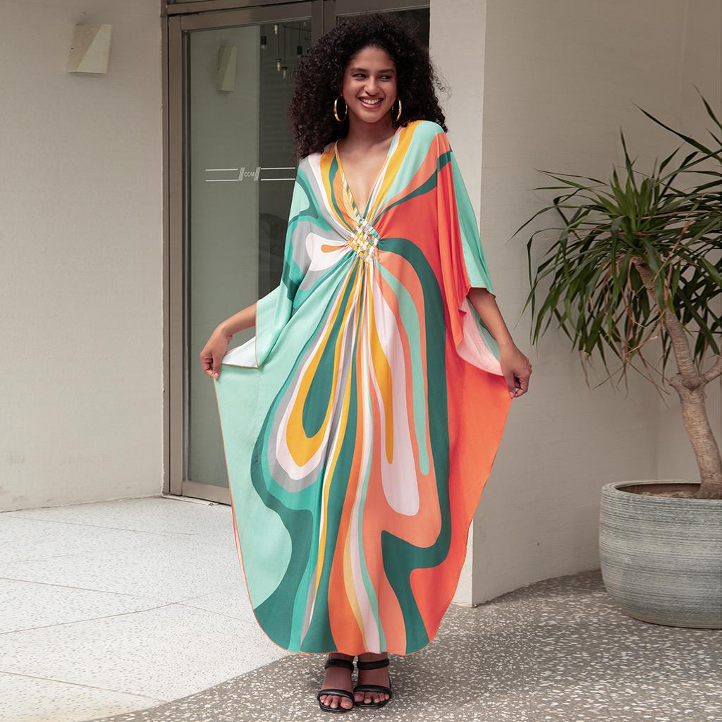 Beach Cover Up Geometric Printed Kaftans for Women Viscose Handmade Waved Maxi Dresses Summer Holiday Bathing Suits