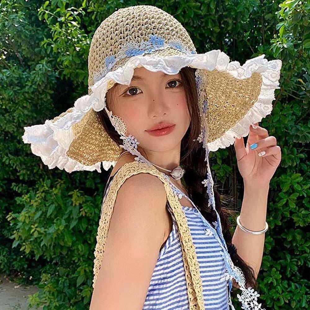 Breathable Big Brimmed Straw Hat with Garland Woven Sun Cap Vacation Beach Cap  Masquerade