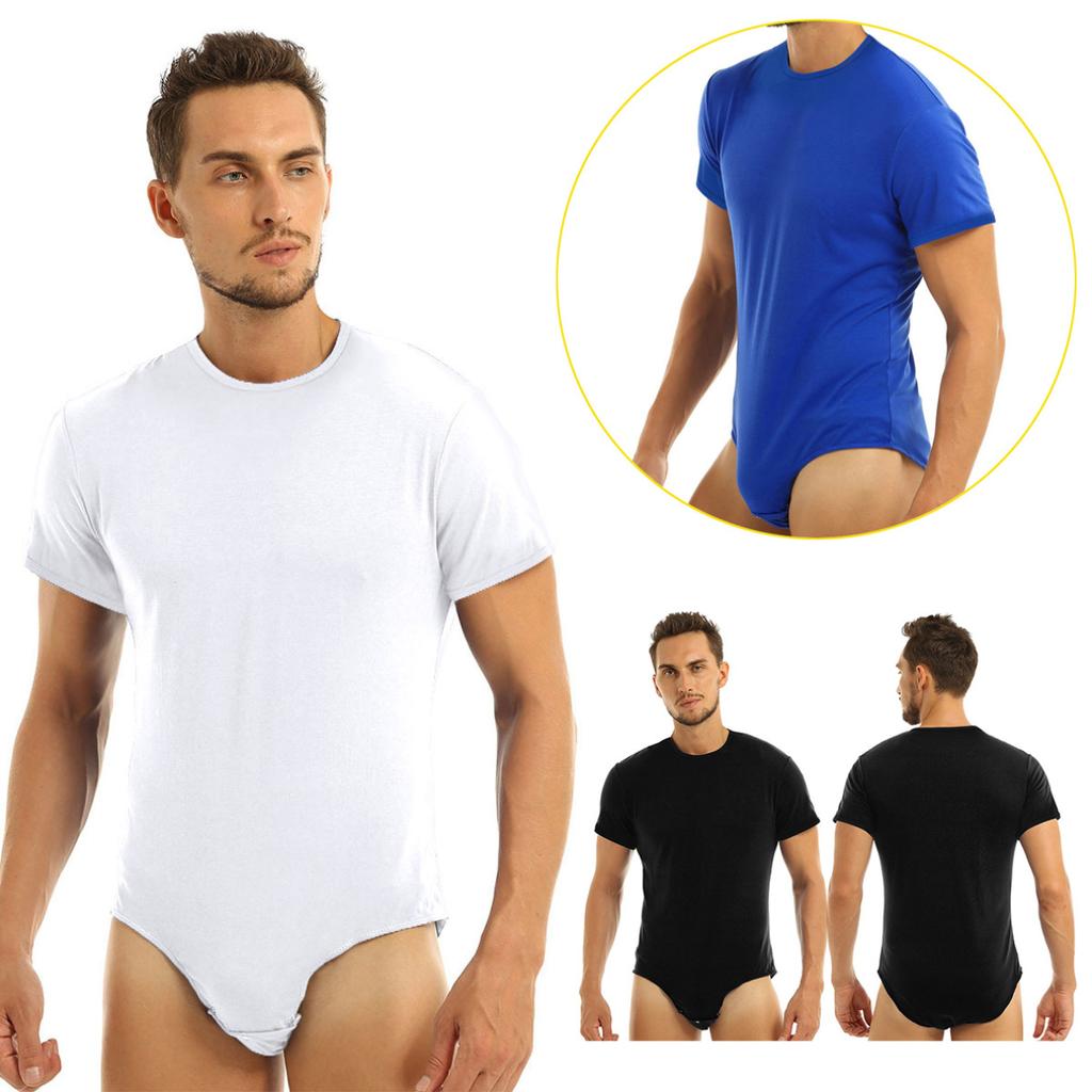 Mens One Piece Underwear Short Sleeve Press Crotch T-shirt Bodysuit Romper Pajamas Adult Playsuit