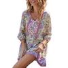 Женское платье Yousheng с цветочным принтом в стиле бохо, повседневное, с длинным рукавом, струящееся, короткое, свободное, с V-образным вырезом, на пуговицах, платье А-силуэта, мини-пляжное платье-сарафан