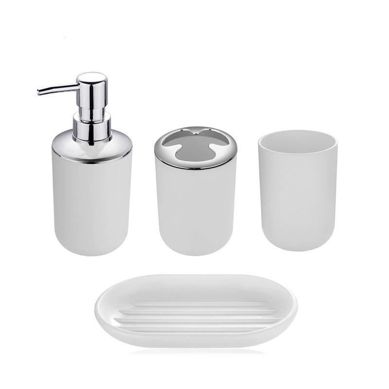 6-Piece Bathroom Set: Trash Can, Toilet Brush, Lotion Bottle, Toothbrush Holder, Soap Dish, and Countertop Decor.
