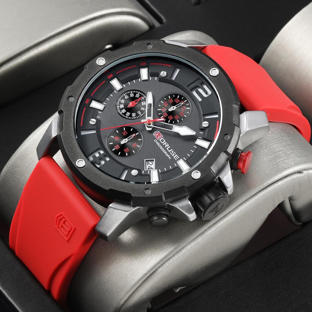 BORUSE Мужские часы Мужские часы с большим циферблатом Силиконовый ремешок Мужские кварцевые часы Классические деловые часы Многофункциональные часы-хронограф