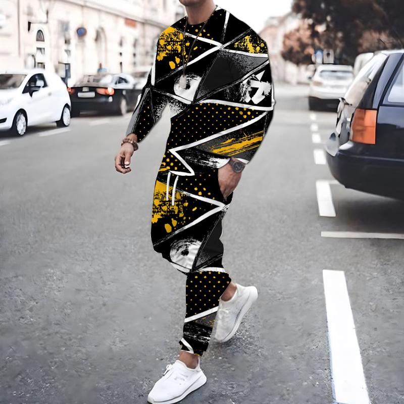 Spring Fall 3D Printed Square Graffiti Pattern Men's Long Sleeve Suit Fashion Casual Street O Collar Sweatshirt And Pants Suit