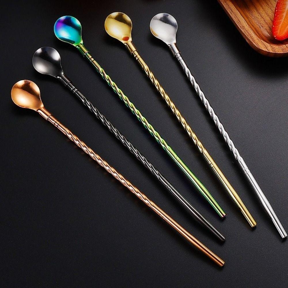 10PCS Dual-use Stainless Steel Straw Spoon Long Twisted Portable Mixing Spoon Reusable Coffee Stirring Spoon Cocktail