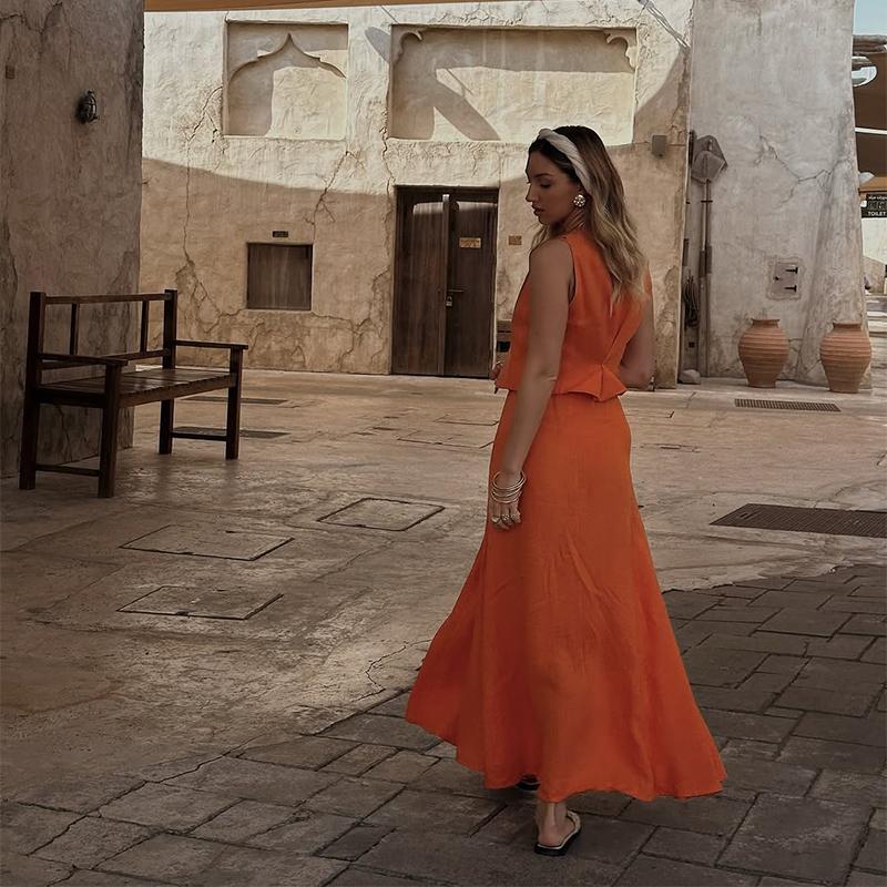 Solid Color Two Piece Set for Women 2025 Fashion V Neck Sleeveless Top High Waist Temperament Skirts Elegant 2 Piece Sets Female