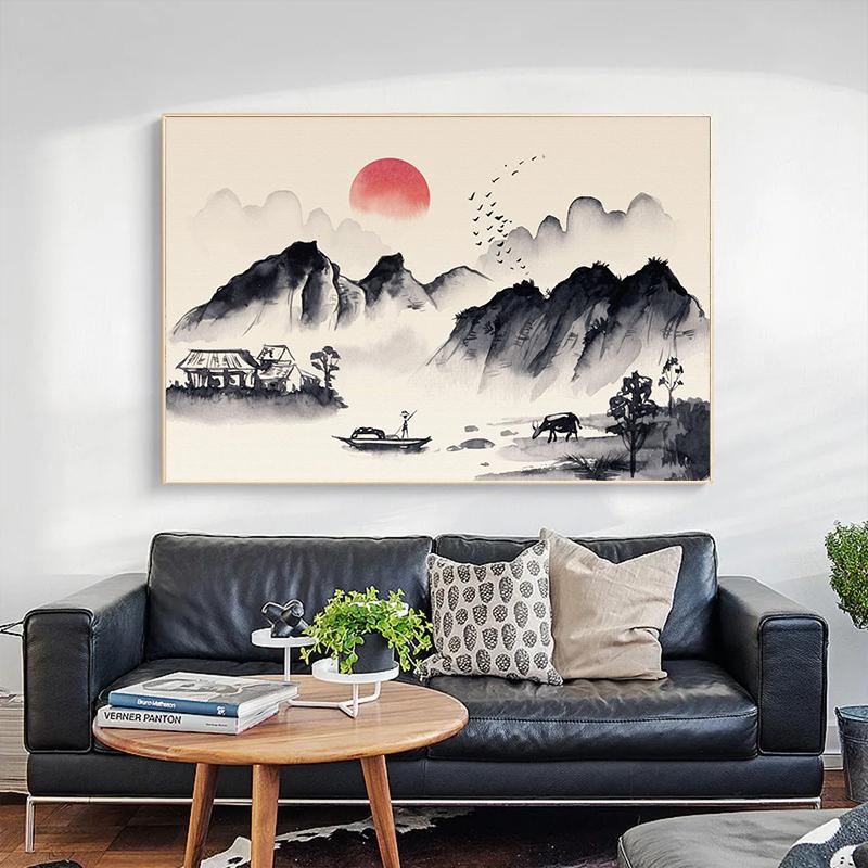 Китайский пейзаж Пара Птицы Лес Гора Река Кои Карп Рыба Искусство Плакат Печать Картина на холсте Настенная картина Декор для дома