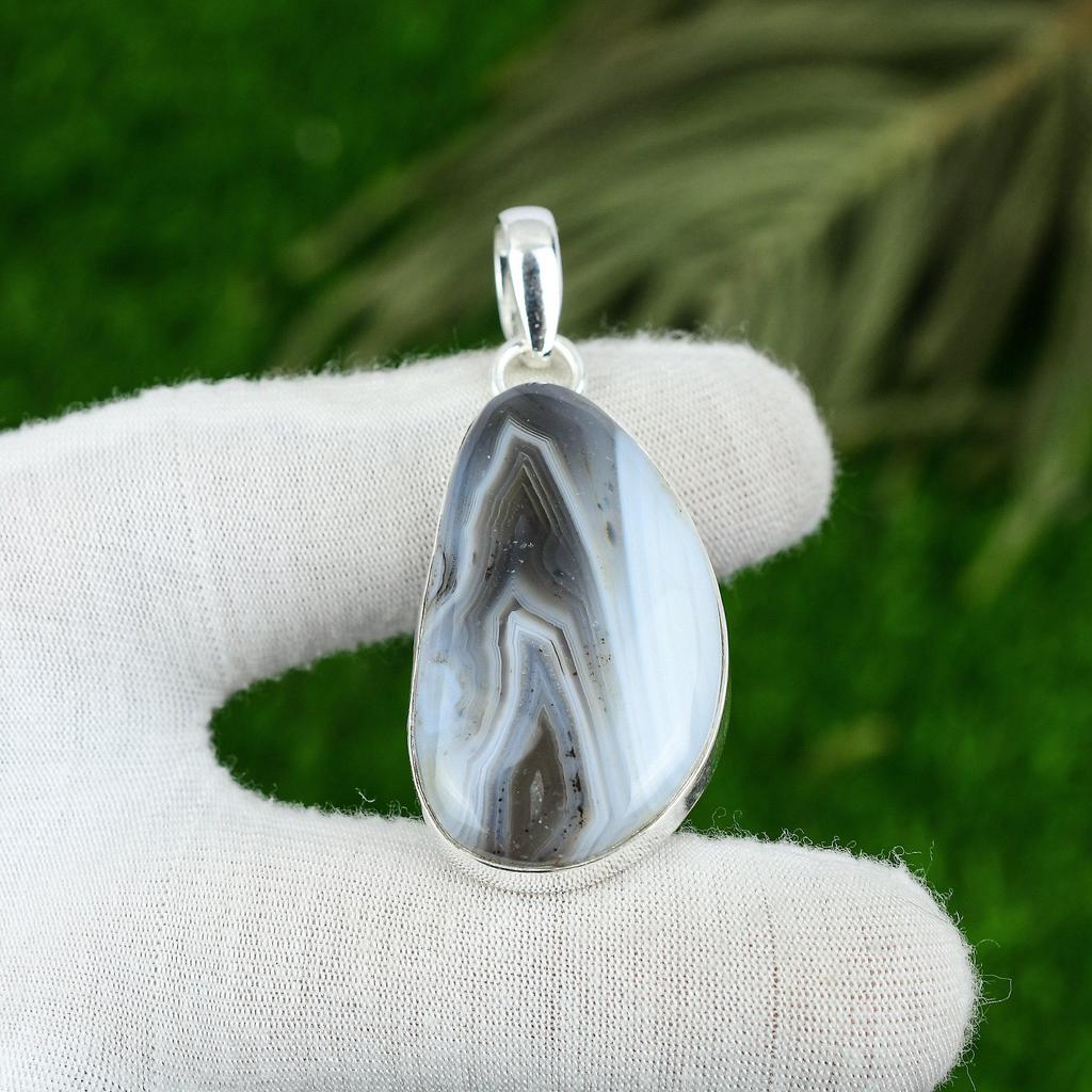 Botswana Agate Gemstone 925 Sterling Silver Sister Bezel Unique Pendant Jewelry