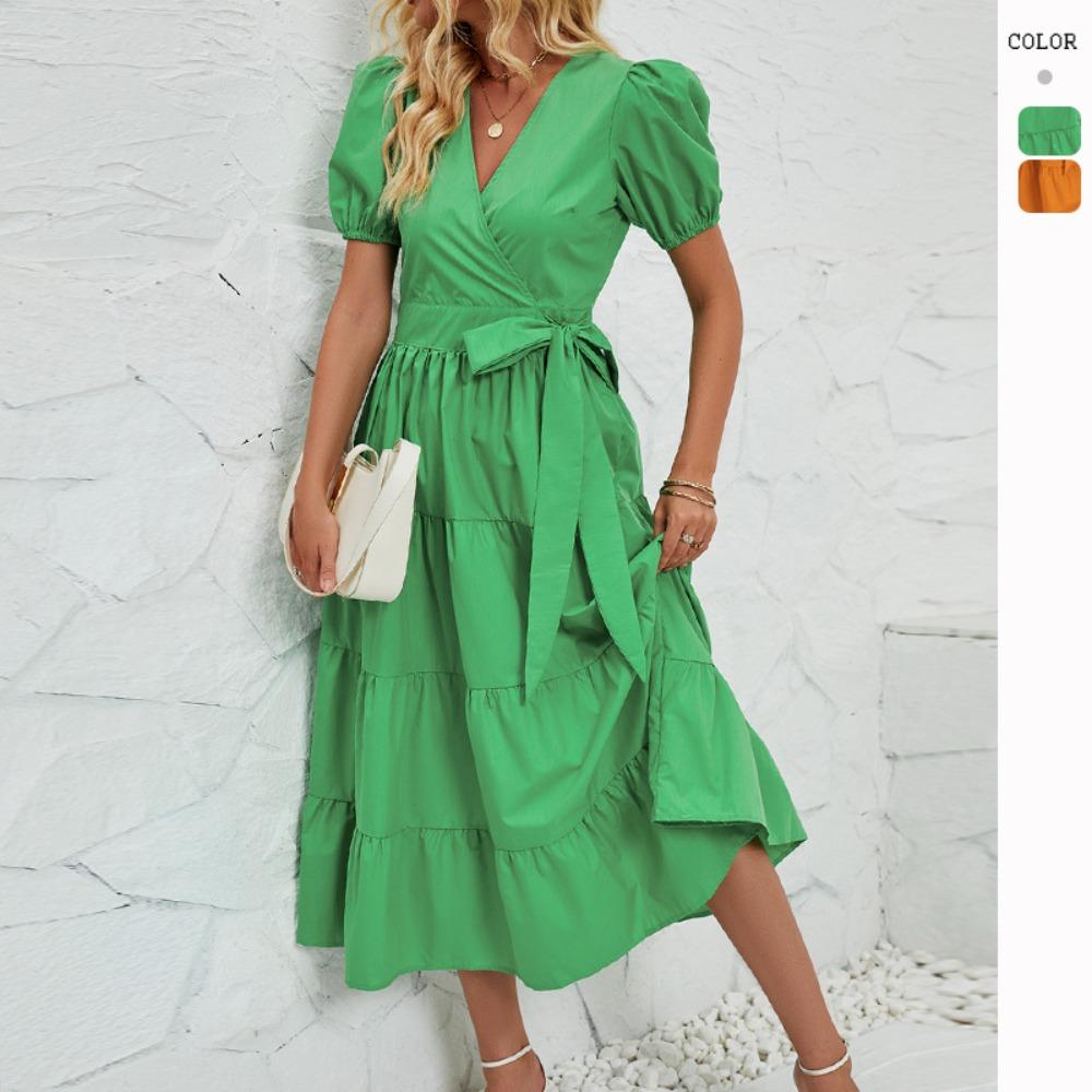 Summer Casual V-neck Dress with Puff Sleeves, Loose Layered A-line Flowing Long Skirt