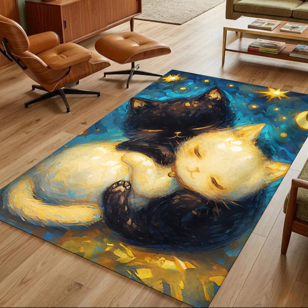 Starry Night Cat Embrace Non-Slip Home Carpet Design for Office Decor Living Room Bedroom Gift