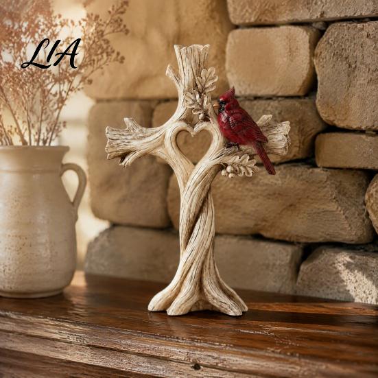 Whimsical Bird Statue for Garden Red Heart Tree Ornament, Memorial Resin Figurine, Rustic Unique Gift Carved Wood Look Spiritual Decoration Home Table