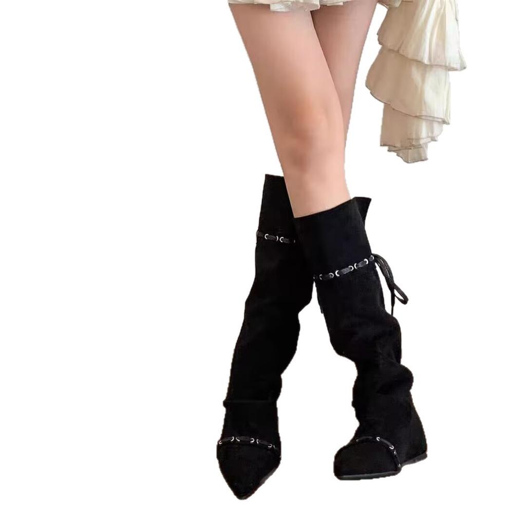 2025 ранняя осень новые внутренние замшевые универсальные рыцарские сапоги в стиле вестерн ковбойские с острым носком кисточками плиссированные присборенные сапоги