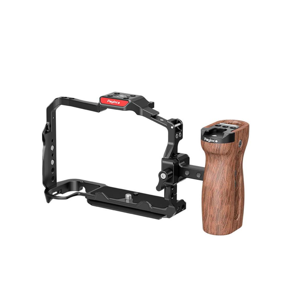 Poyinco JN-134 Camera Cage + Top Handle + Side Wooden Grip Kit Camera Video Cage with Cold Shoe