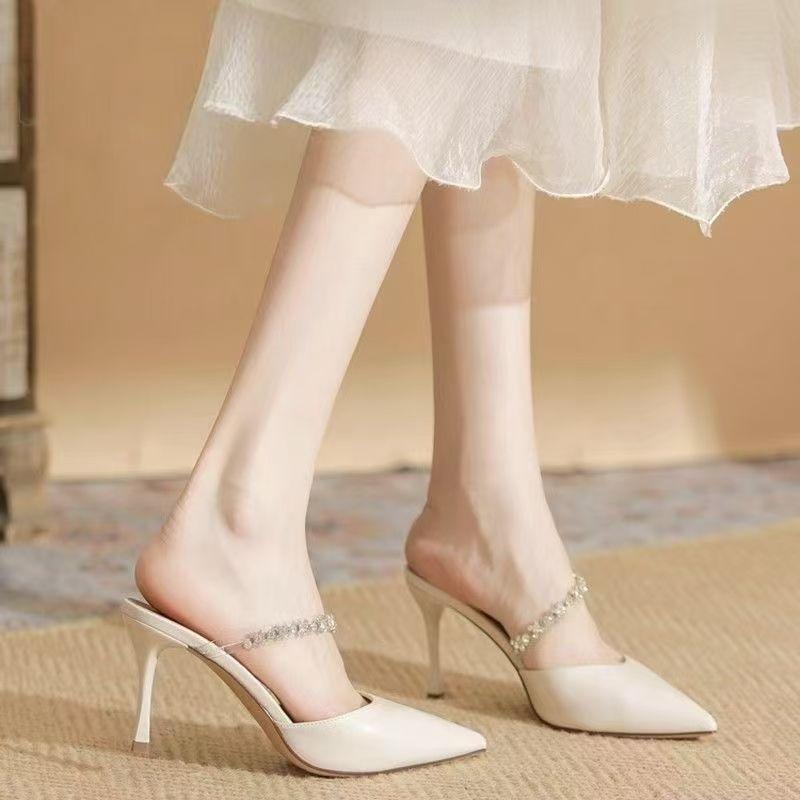 French High-end Rhinestone Bag Head Half Slippers Women's Summer 2025 New Outer Wear One-word with Pointed High Heels