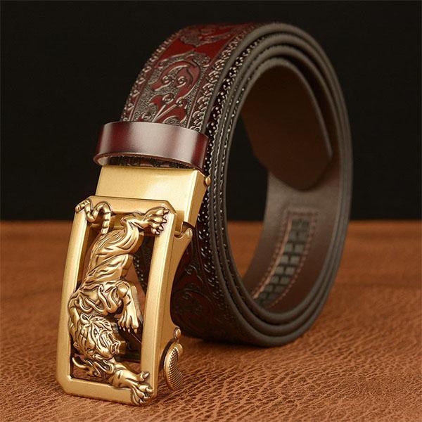 High Guality Male Belt Genuine Leather Belt for Men Carving Flower Pattern Animal Tiger Gold Automatic Buckle Belt Strap for Jeans