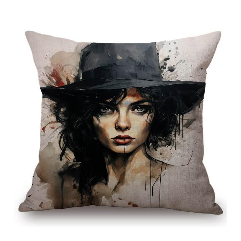 Modern Art Ink Splash Painting Fashion Girl Lady Portrait Beautiful Face Home Decorative Sofa Throw Pillow Case Cushion Cover
