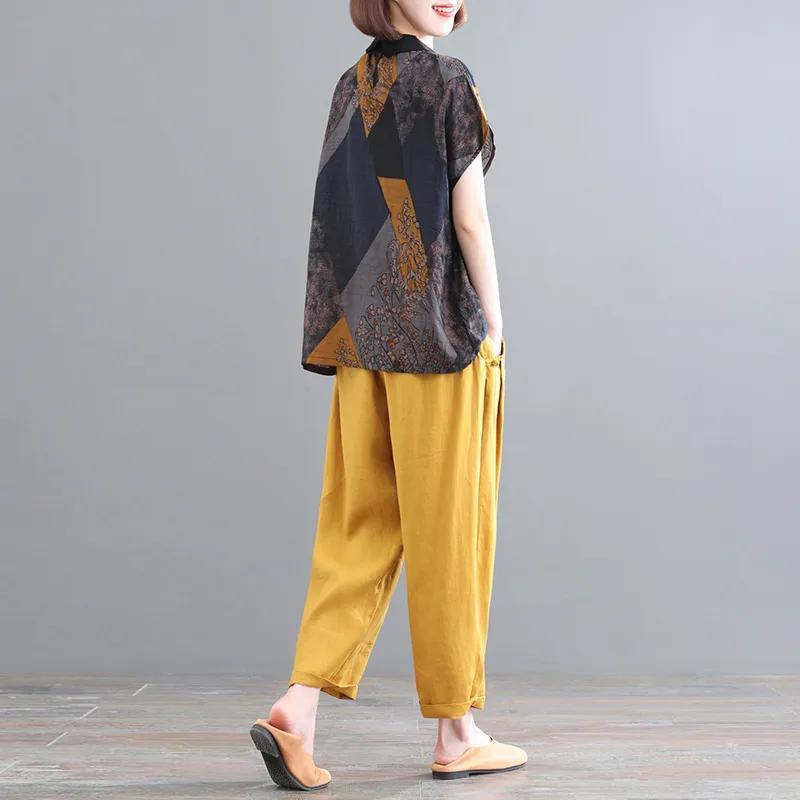 Костюм больших размеров, женский летний, с короткими рукавами, свободные брюки с завязками на талии, костюм из двух частей