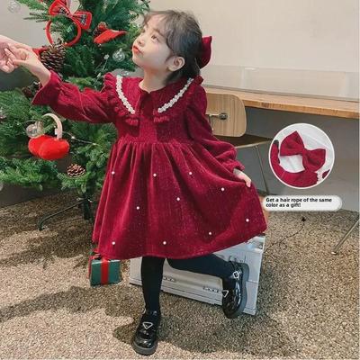 «Новое платье из красного бархата и жемчуга для девочек 2024 года — коллекция осень/зима»