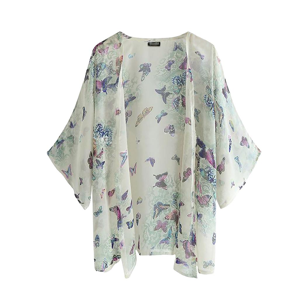 Women Chiffon Floral Print Kimono Loose Half Sleeve Shawl Cardigan Cover Up Tops