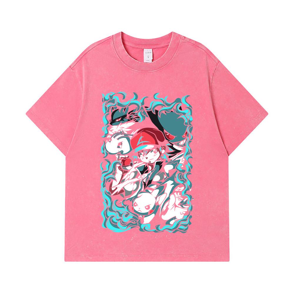 Стиранные футболки 275 г/м² 100% Хлопок Печать Pokemon V26 Унисекс Футболка из плотного хлопка