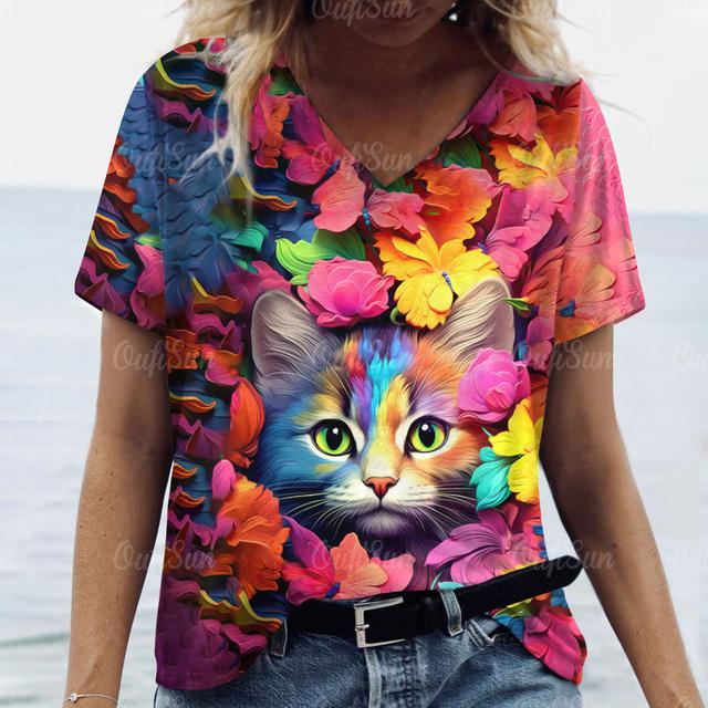 Летняя модная женская одежда с v-образным вырезом, большие размеры, футболки с короткими рукавами, женская повседневная футболка с принтом животных, трендовая милая блузка