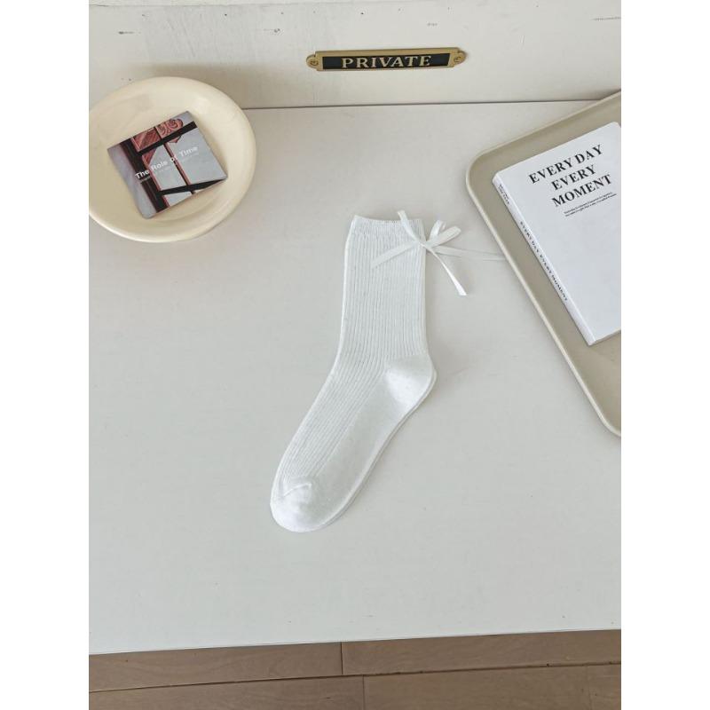 Ballet-style Spring and Summer Thin Cream White Socks for Women, Mid-calf Socks, Bow, Versatile, Black Pile Socks