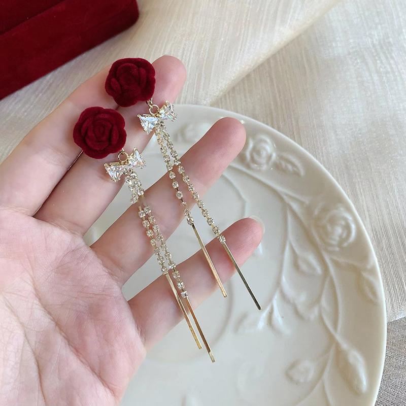 Серьги-бантики из красной флокированной ткани, темпераментные серьги с длинными бахромой в виде сладких цветов