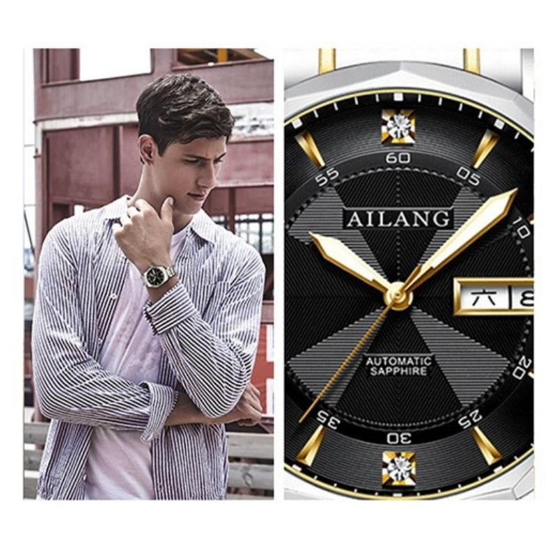 AILANG Мужские полностью автоматические механические часы Мужские часы Модные водонепроницаемые часы с двойным календарем из камня и стали