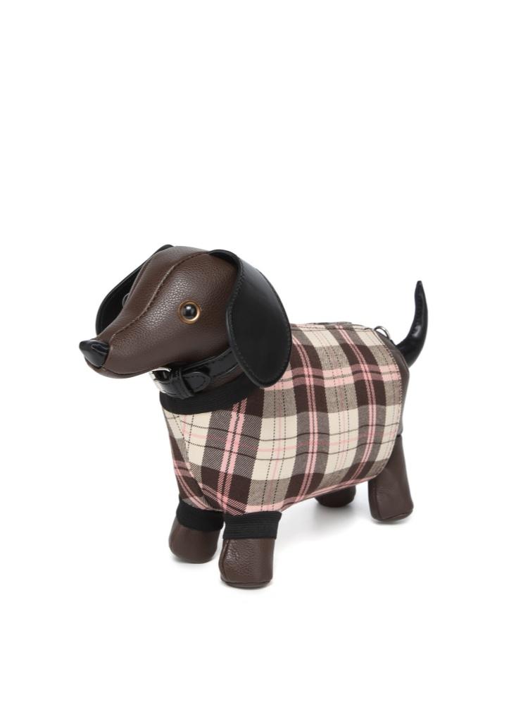 Fashionable And Creative Design Sausage Dog Shaped Crossbody Bag Women's Plaid Splicing Cartoon Cute Doll Bags