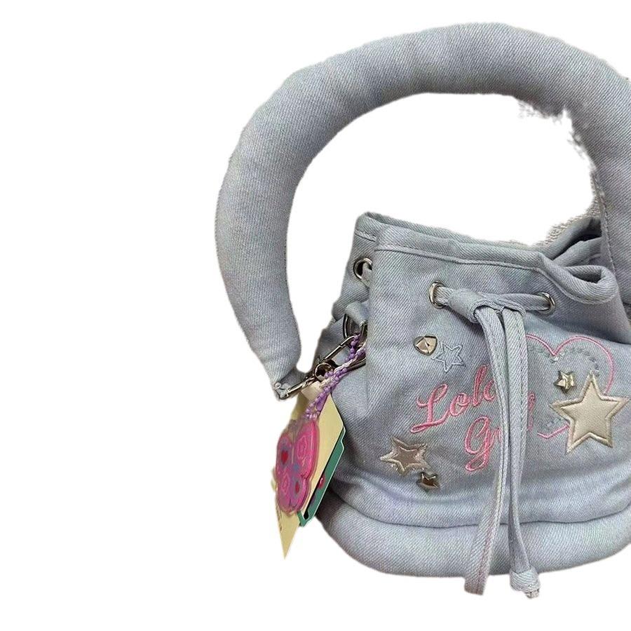 Niche Design Casual Fashion Backpack Denim Bucket Bag Student Universal Drawstring Schoolbag