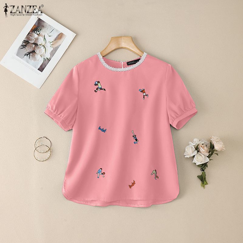 ZANZEA Женская летняя повседневная блузка с круглым вырезом, коротким рукавом и принтом