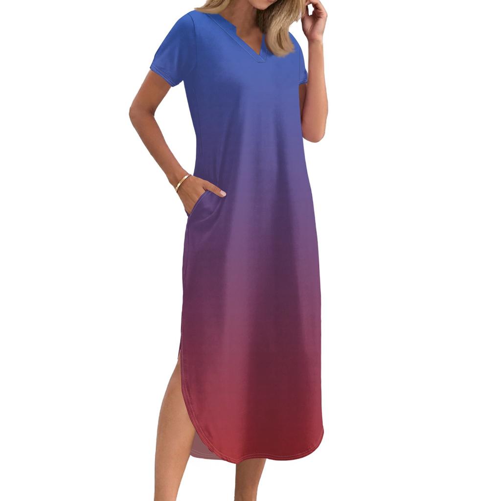 Women's Long Skirt Casual V-neck Long Shirt Dress Loose Slit Holiday Short Sleeve Dress
