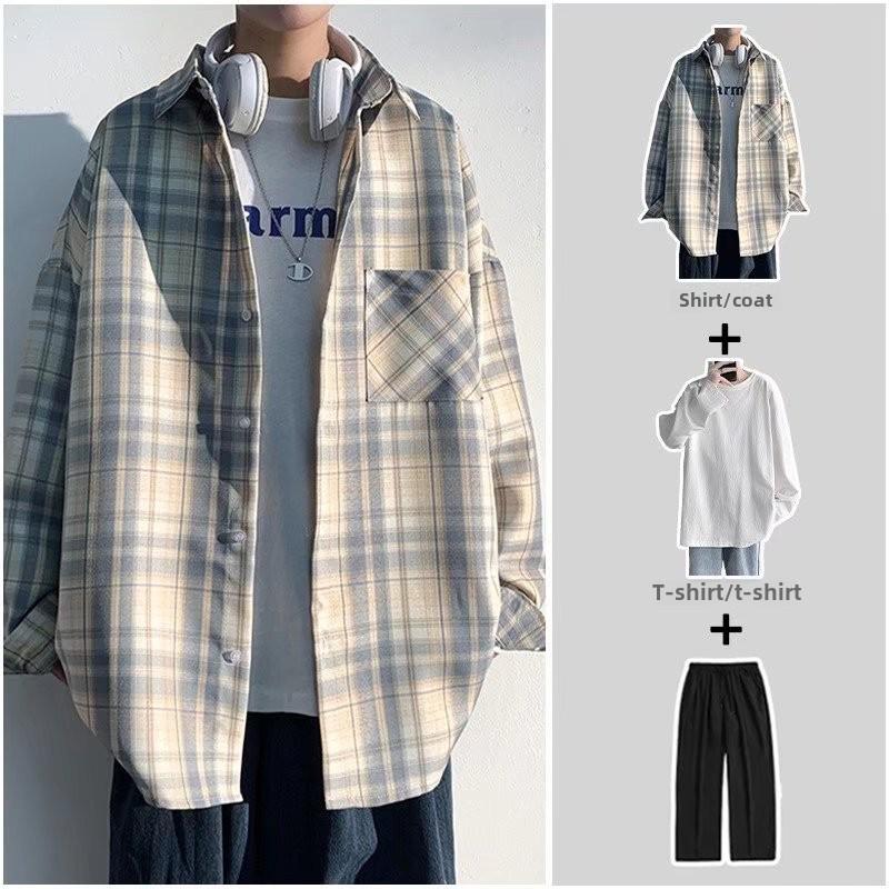 Мужская свободная рубашка в корейском стиле с длинным рукавом и клетчатой отделкой — тренд осени 2023 года