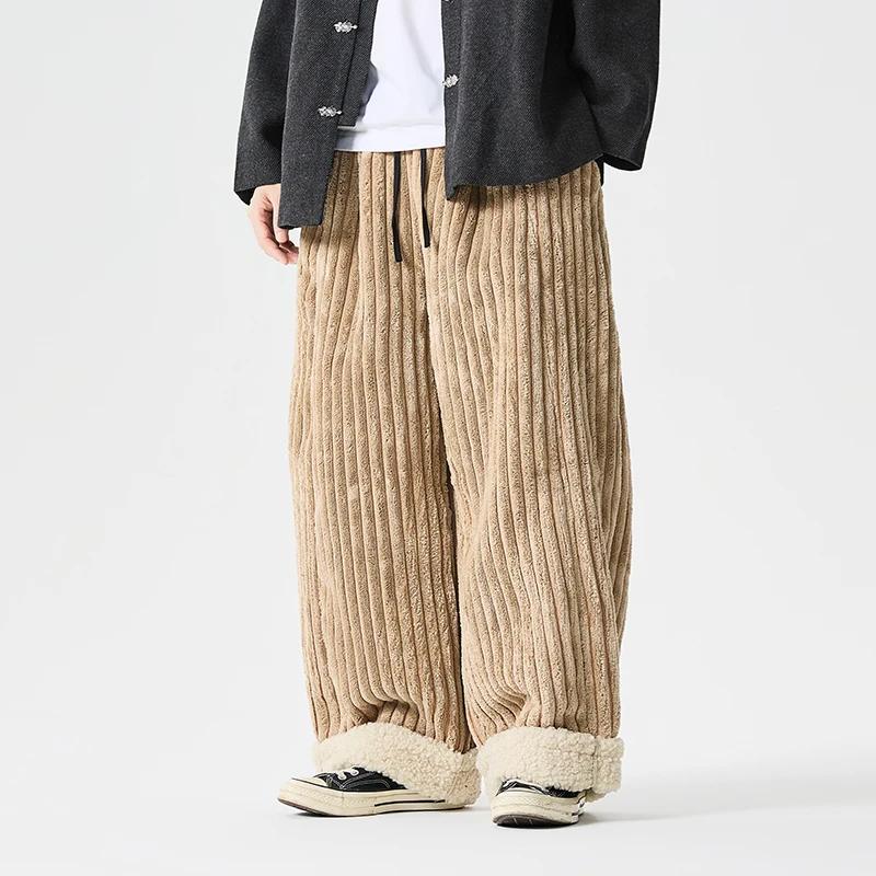 Men Corduroy Casual Fleece Pants Winter Men Cotton-Padded Trousers Man Thick Warm Wide Leg Straight Pants Male Leisure Pants