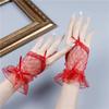 Lace Short Gloves for Women Bridal Wedding Mesh Hand Sleeves with Handmade Ribbon Bow And Hook Finger Glued