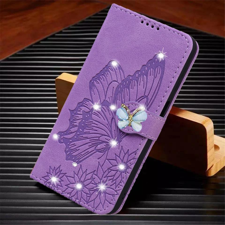 Кошелек-книжка с блестящей кожей для телефона iPhone 16 Pro Max 15 Plus 11 14 13 12 XR XS X SE 2020, с бабочкой, Bling, обложка-книга с карманами