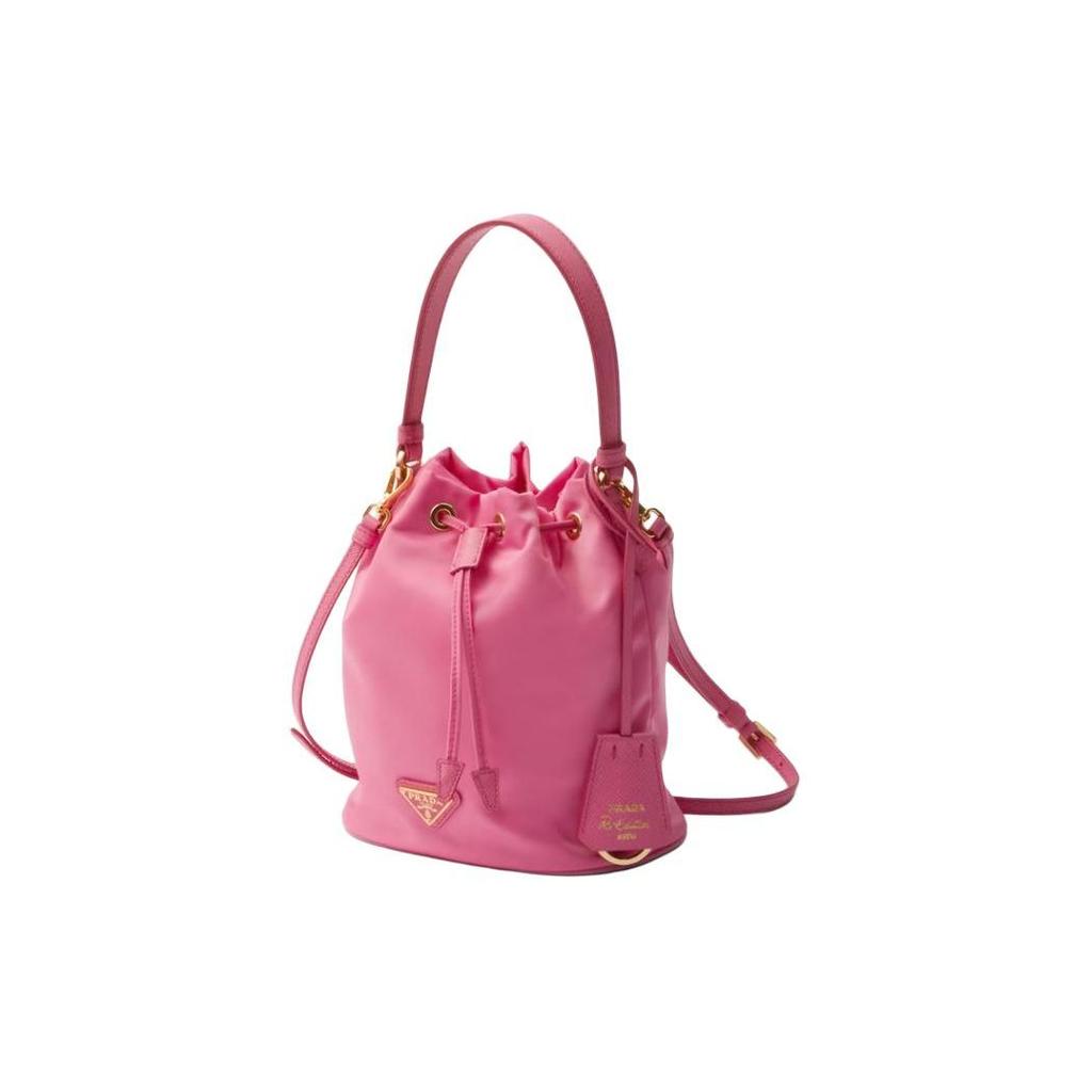 Prada Re-Edition Re-Nylon Enamel Triangle Metal Logo Drawstring Closure Fabric And Leather Bucket Bag Mini Women bags Coral-Pink 1BE067_R064_F0638