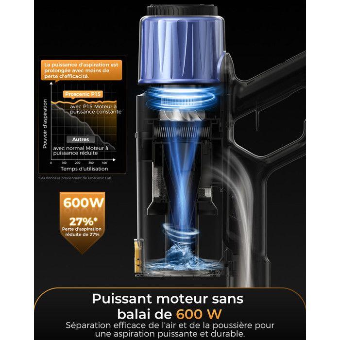 Proscenic P15, aspirateur, brosse puissante à 360°, brosse large, moteur sans balais de 580 W, système de filtration à 6 niveaux